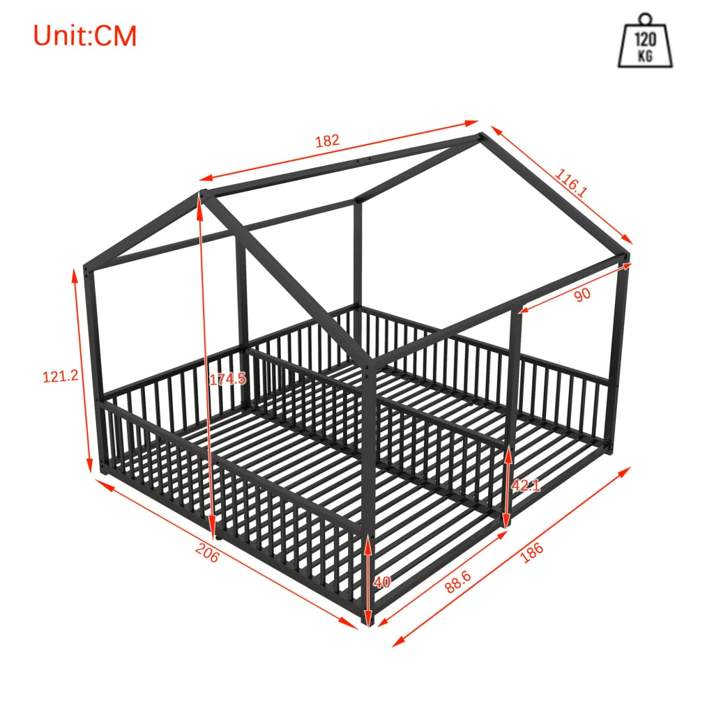 Letto a castello per bambini 90x200 cm in metallo; con sponde; forma casa