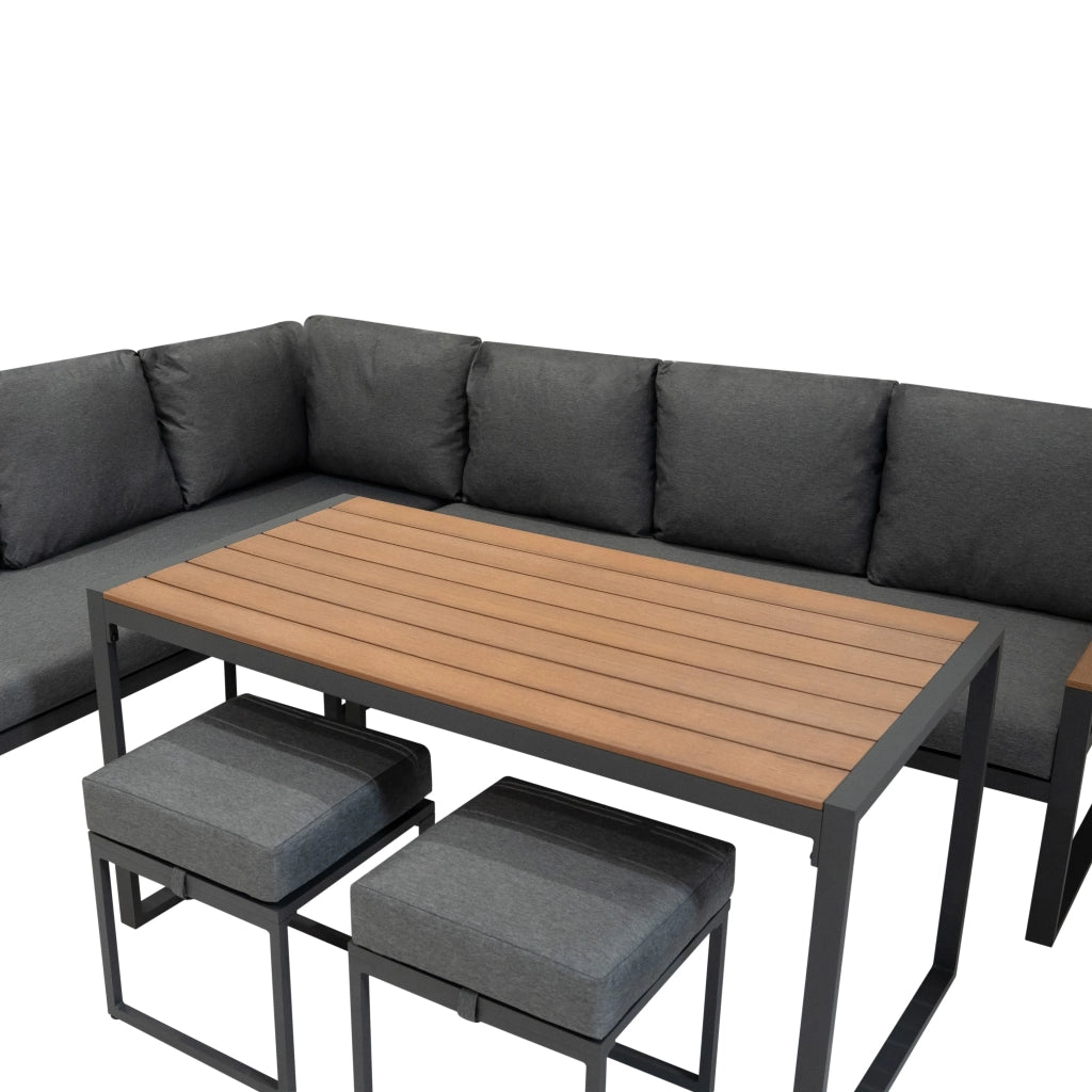 Set Mobili da Esterno in Alluminio Divano Angolare Tavolino Sgabelli Effetto Legno