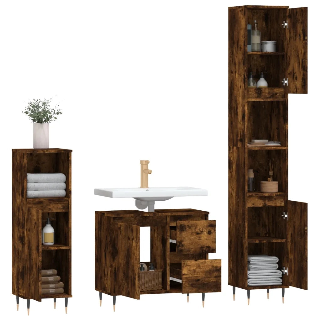 Set Mobili da Bagno 3 pz Rovere Fumo in Legno Multistrato 3190218