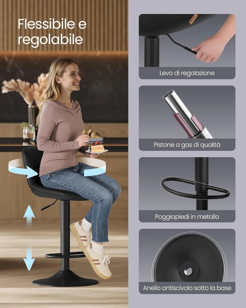 VASAGLE Sgabelli da Bar, Schienale, Sedie da Bar Regolabili in Altezza, Girevoli a 360°, Poggiapiedi Metallo, Sala da Pranzo Cucina, PU, Set di 2, Nero Inchiostro LJB181BH01