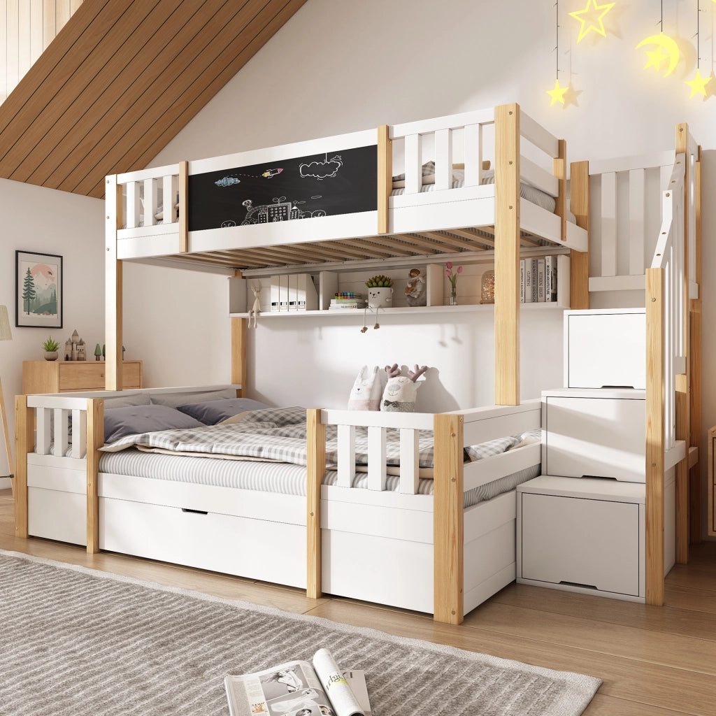 Letto a Castello 90x200 e 140x200 cm - Lavagna e Scala Contenitore - Bianco Naturale