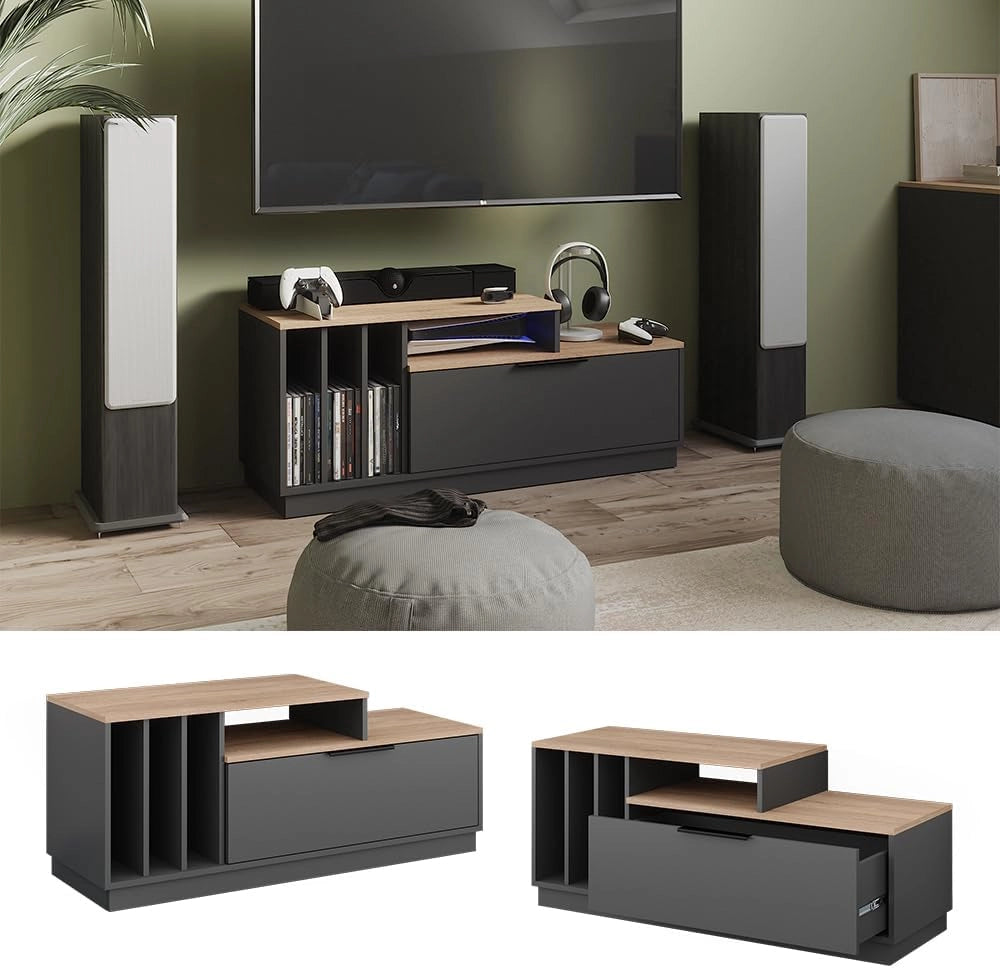 Lavagna Betti, Antracite/Sonoma, 120 x 49.9 cm con 1 porta, adatto per TV fino a 55 pollici e accessori multimediali