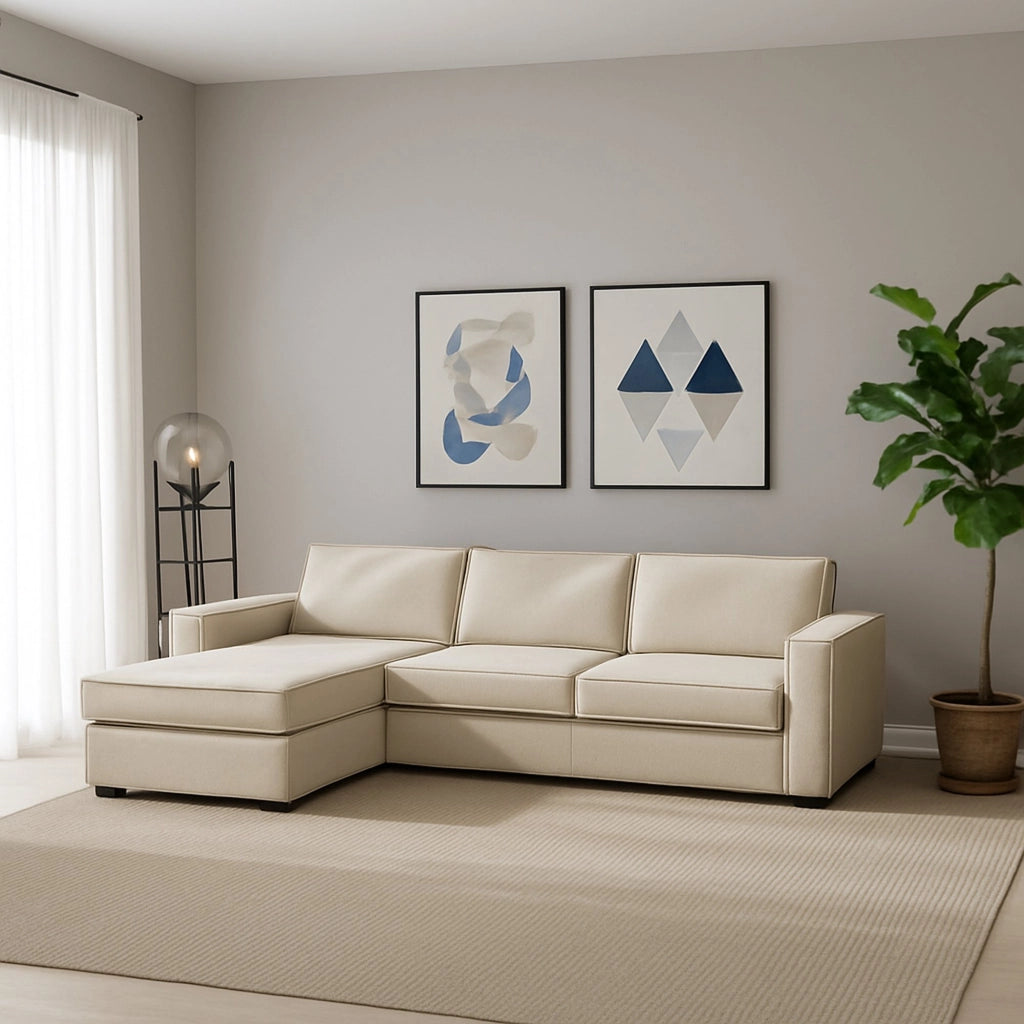 Divano fisso Anila, Divano ad angolo, Made in Italy, SofÒ  Soggiorno con, penisola contenitore Sinistra, con Braccioli standard, cm 280x95h90, Beige