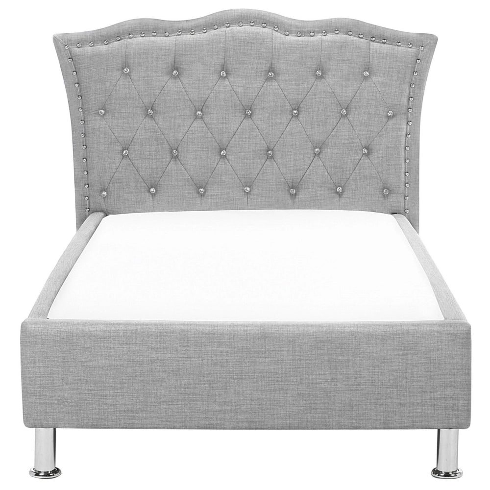 Letto singolo grigio tessuto imbottito Telaio con decorazione rete a doghe 90 x 200 cm Bottoni di cristallo Poggiatesta Camera da letto Moderna Glam
