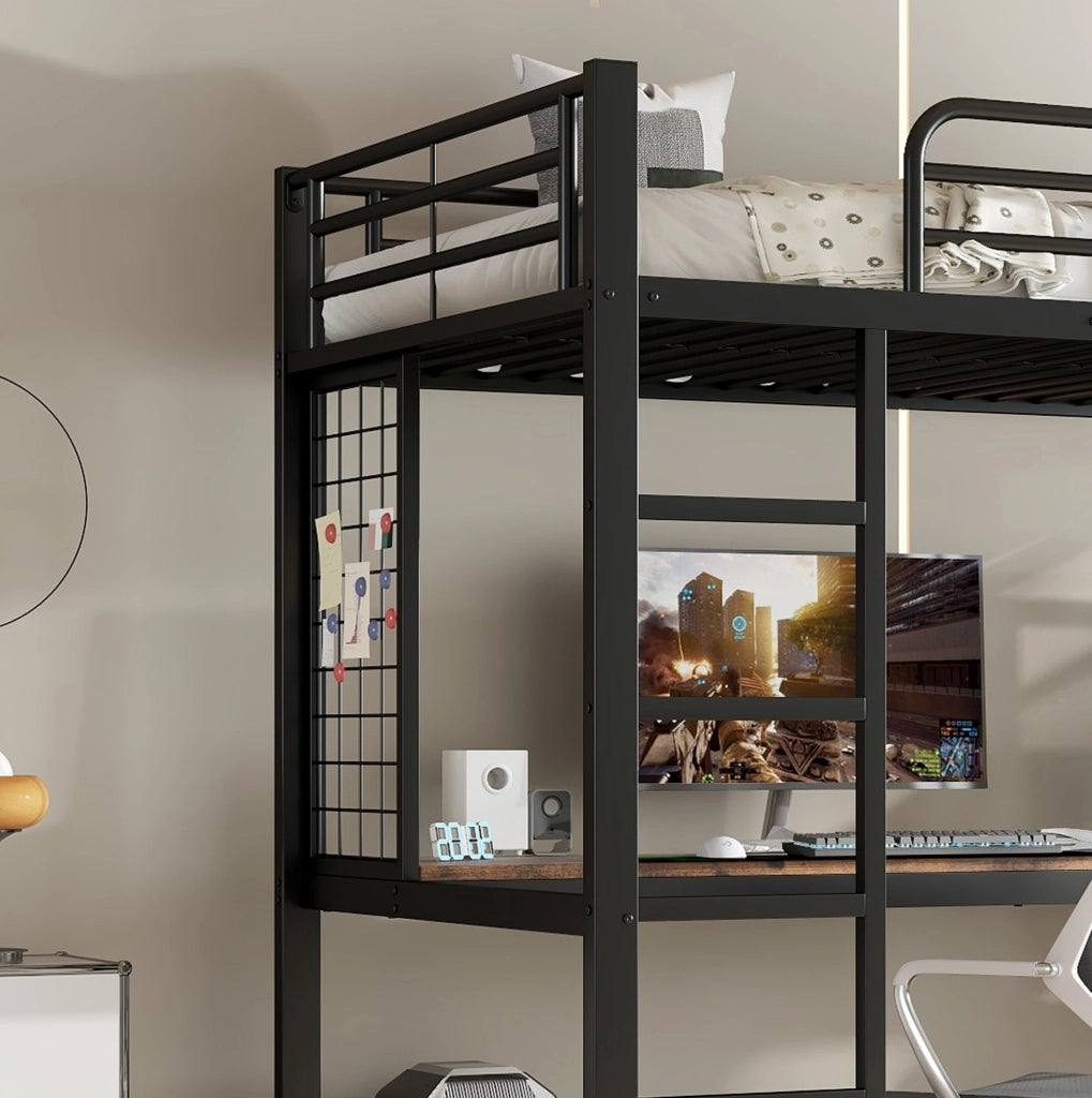 Letto a soppalco in ferro e MDF con scrivania e scaffalatura, 90x200 cm, colore nero e legno scuro