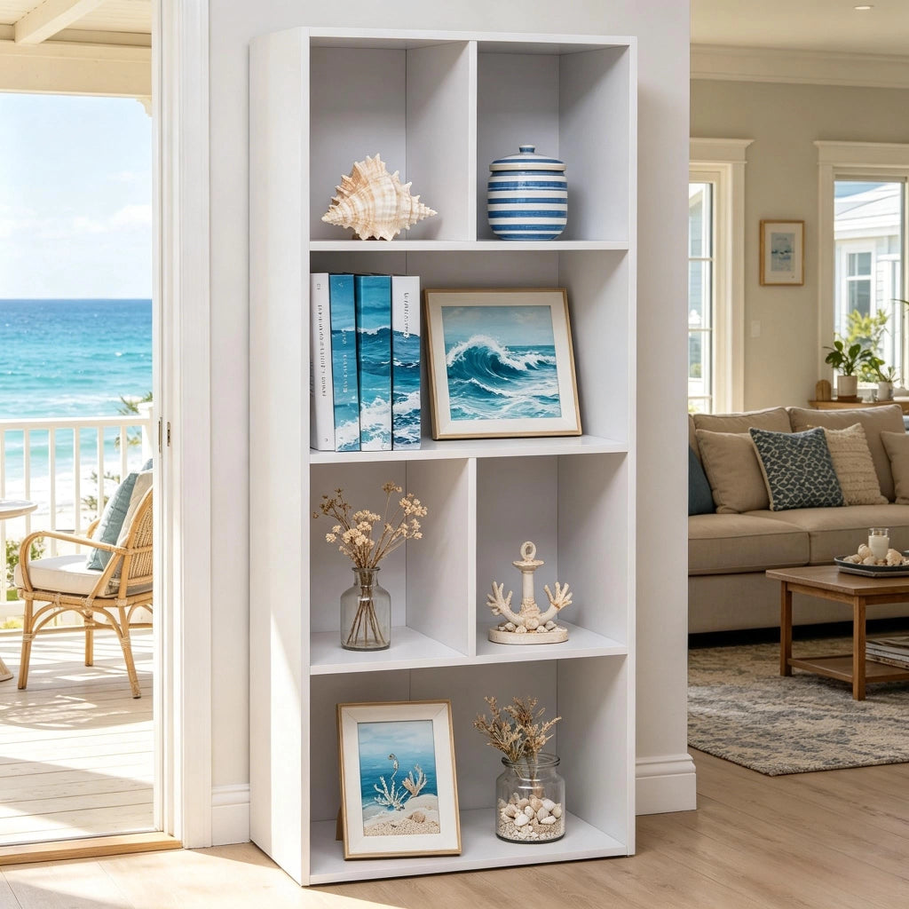 Libreria autoportante con 6 vani in 2 dimensioni, per soggiorno e studio, in MDF bianco, 50 × 30 × 118 cm