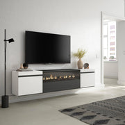 Mobile TV, 200x35x45cm, soggiorno, Per TV fino a 80", Camino elettrico, da appendere, Bianco e nero RF2207