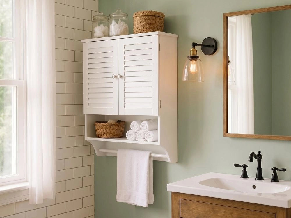 Mobiletto da Bagno da Parete in MDF Bianco con Ante, Ripiano Aperto e Portasciugamani, 60 x 22 cm Design Moderno