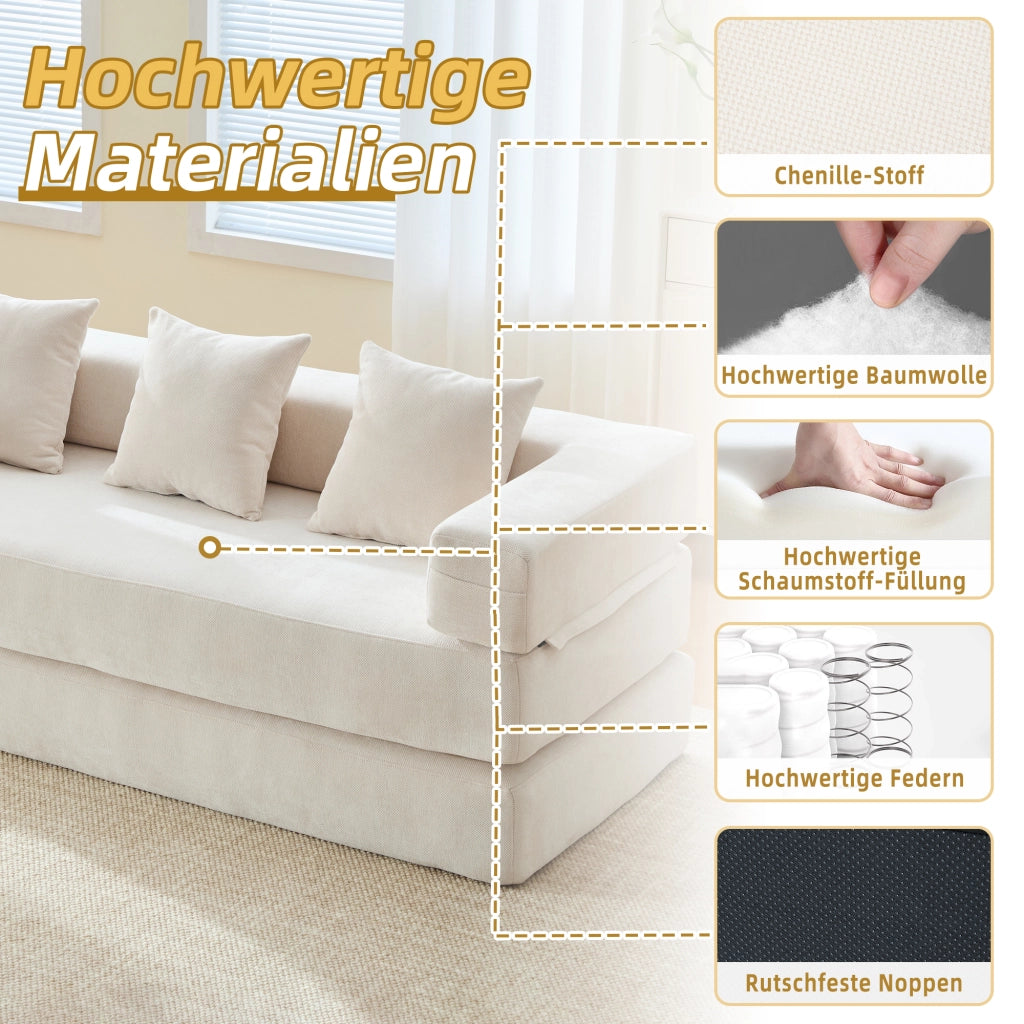 DIVANO MODULARE in Chenille Beige 198x79x60 cm con tasche laterali