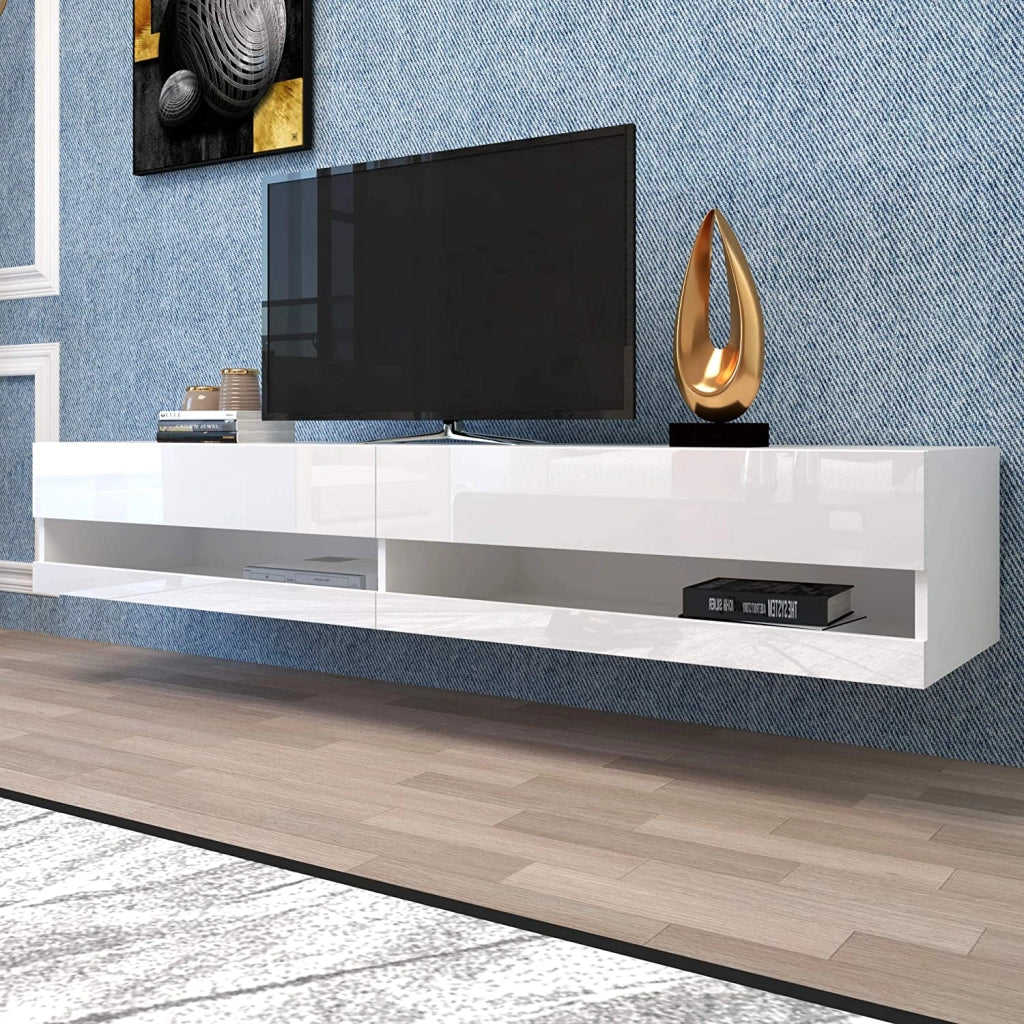 Mobile TV LED con 2 ante e nicchie portaoggetti per soggiorno, MDF, bianco, 140 × 40 × 30.5 cm