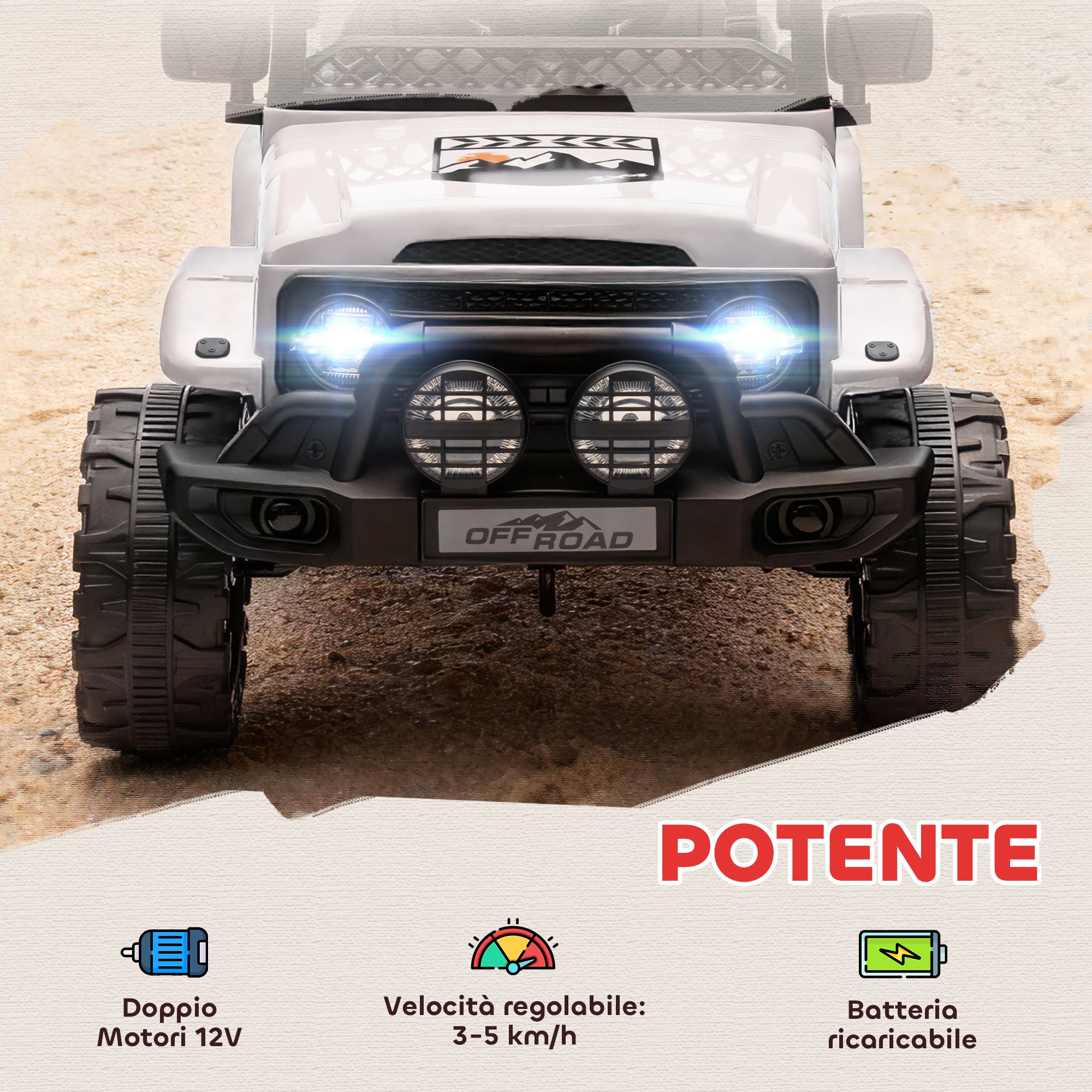 Macchina Fuoristrada per Bambini 99x66x68.5 cm con Fanali Clacson e Telecomando in PP e Metallo Bianco