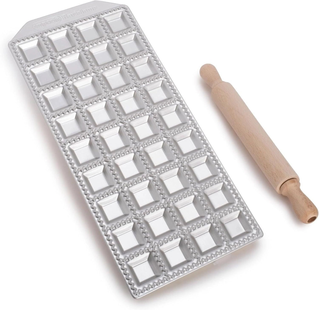 Imperia 3308 Raviolamp Stampo per Ravioli 36 fori 3.5 cm in Alluminio con Rullo in Legno colore Argento