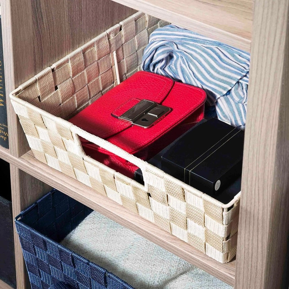 Trade Shop - Porta Oggetti Cesto In Tessuto Intrecciato 38x26x13 Cm Con Maniglie Beige 79033 -