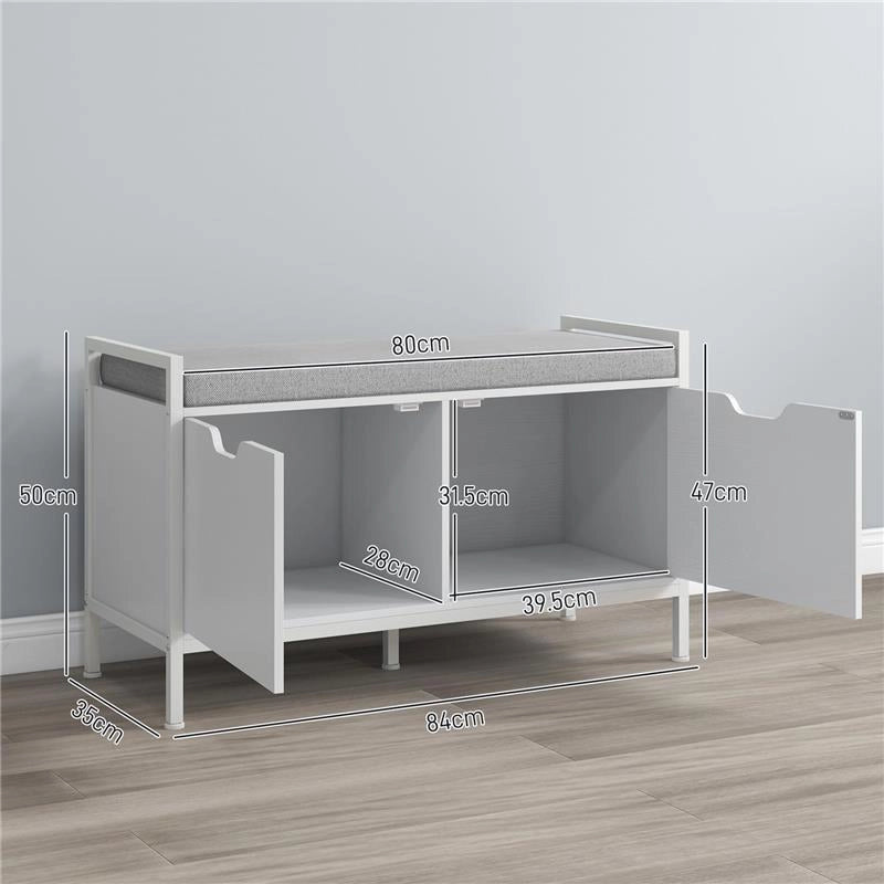 PANCA SCARPIERA A 2 ARMADIETTI CON CUSCINO IN TESSUTO EFFETTO LINO LEGNO E ACCIAIO 84X35X50 CM BIANCO