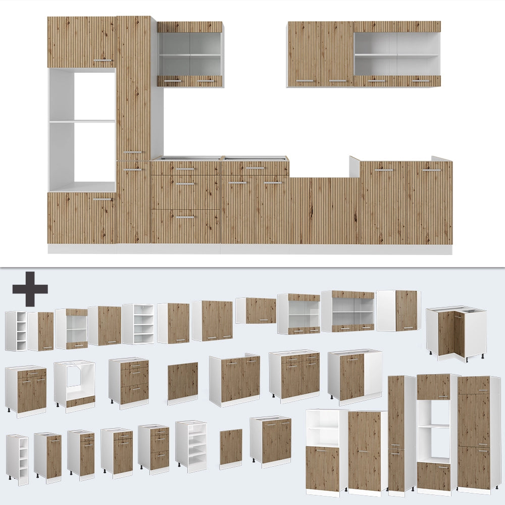 Vicco Cucina componibile Rovere artigianale/bianco 350 cm con armadio alto, PL Marmo