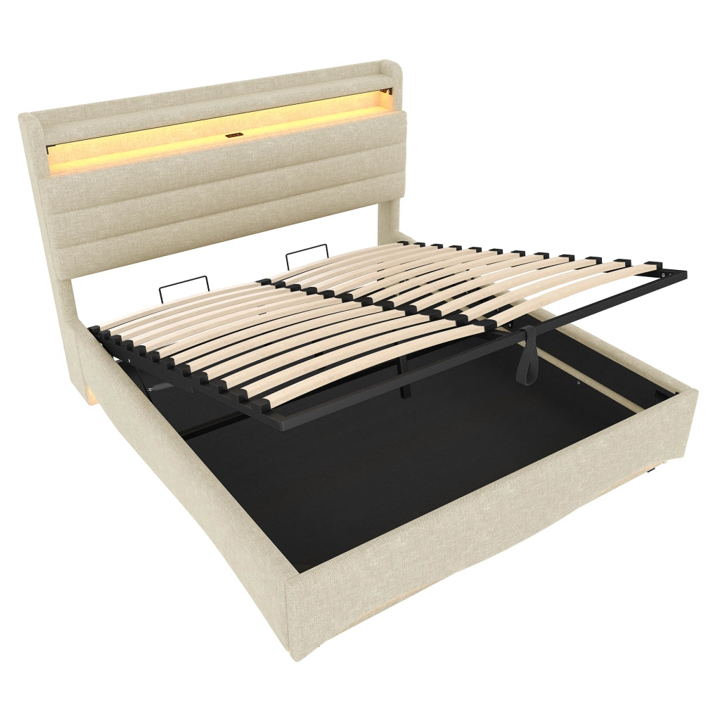 Letti contenitori 140x200 cm con LED e vano contenitore; lino beige (Senza materasso)