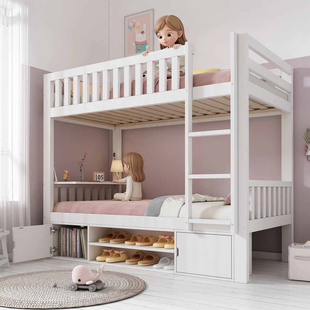 Letto a Soppalco Bambini 90x200 con Tavolo e Scarpiera ¨C Xylo ¨C Bianco, Legno, Rete a Doghe