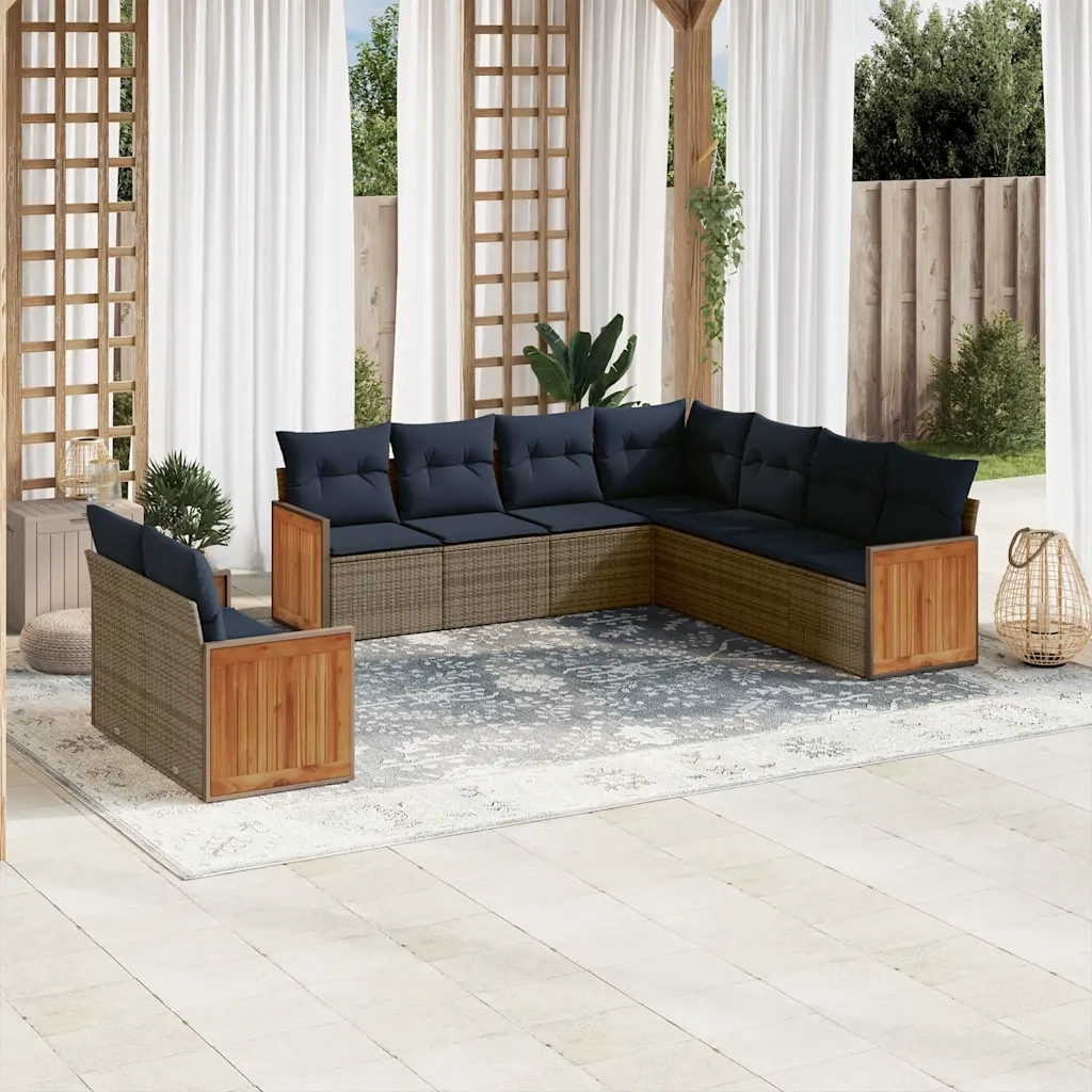 Set Divani da Giardino 9 pz con Cuscini Grigio in Polyrattan 3227783