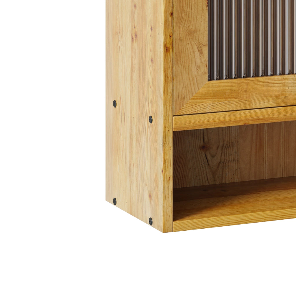 Armadietto pensile con 2 Ante Scorrevoli e 3 Ripiani Rimovibili per Bagno in Legno Massello e Vetro 90 × 20 × 60 cm Naturale