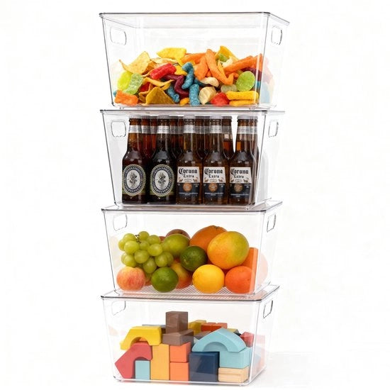 Organizzatore per frigorifero 4 pezzi - Contenitori trasparenti - Cassetti sovrapposti - Maniglie - 29x19x15 cm - Con coperchio - Contenitore di archiviazione