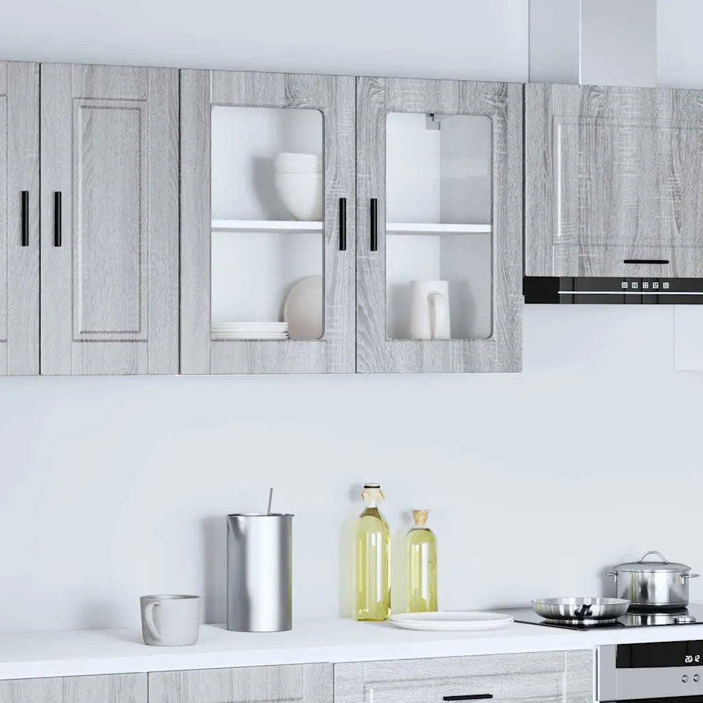Pensile da Cucina con Porta in Vetro-Mobile Cucina da Parete Porto Grigio Sonoma 256058