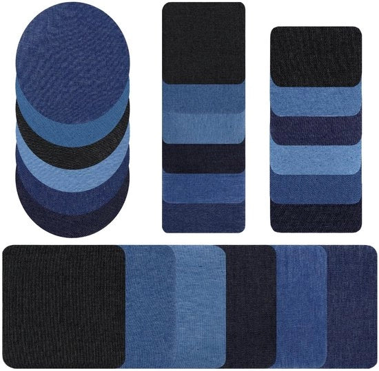 24 strijkpatches perfezionanti per abbigliamento, set di riparazione per jeans per uso interno ed esterno, 4 forme, 3 colori