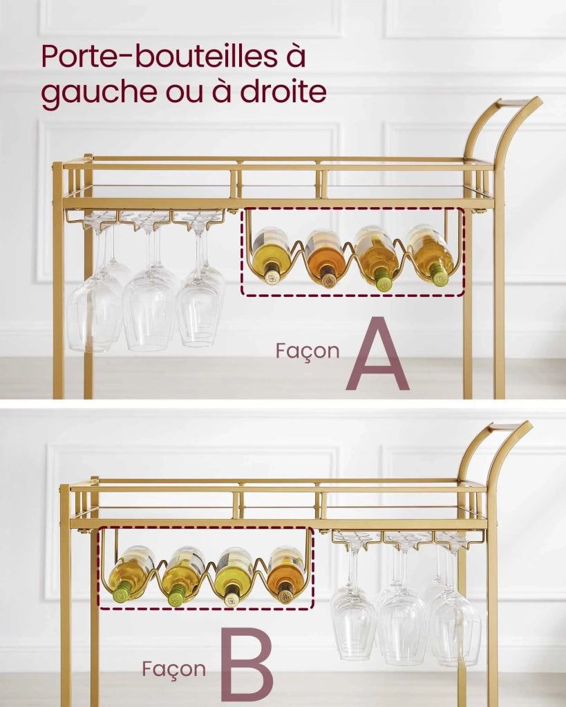 Carrello portavivande su ruote 38 x 80 x 90 cm mobile da cucina a 2 ripiani in vetro riflettente con portabottiglie e portabicchieri per bar cucina sala da pranzo oro 12_0005302