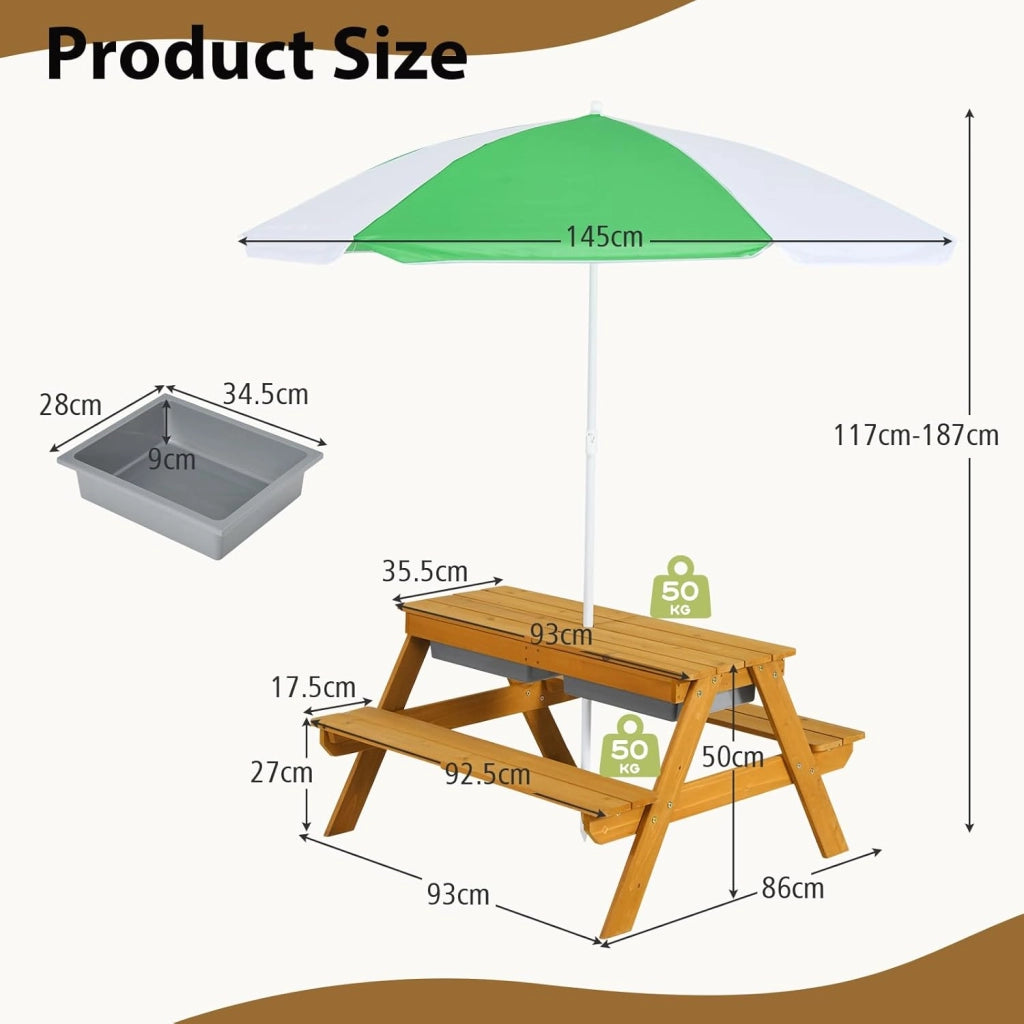 3-in-1 Set Tavolo Picnic per Bambini, con Ombrellone Regolabile e 2 Vaschette da Gioco, Panche per Bambini in Legno di Abete, Giochi Esterno da Giardino e Parco, 187 cm (Verde + Giallo)