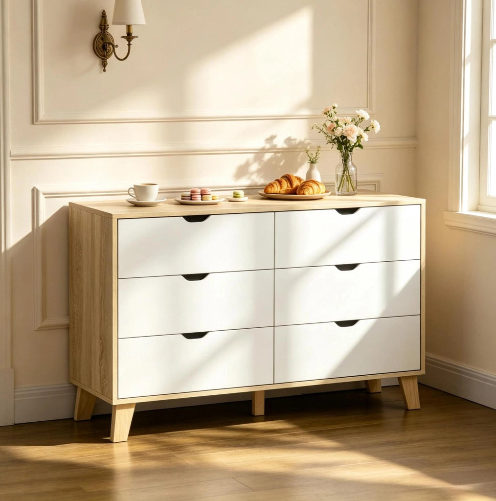COMÒ 6 Cassetti 120x40x76 cm Bianco e Rovere