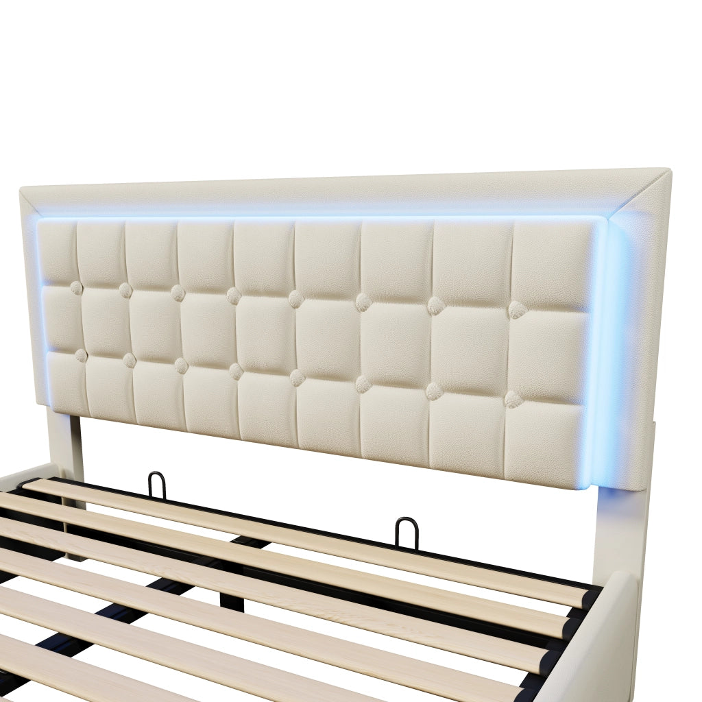 Letti contenitori 160x200 cm con LED e contenitore; PU bianco (Senza materasso)