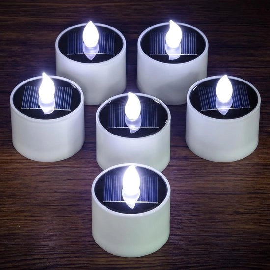 Set di 6 LED candele acqua-resistenti rabbiosi ricaricabili alimentati da energia solare per decorazione di festa estiva (bianco freddo)