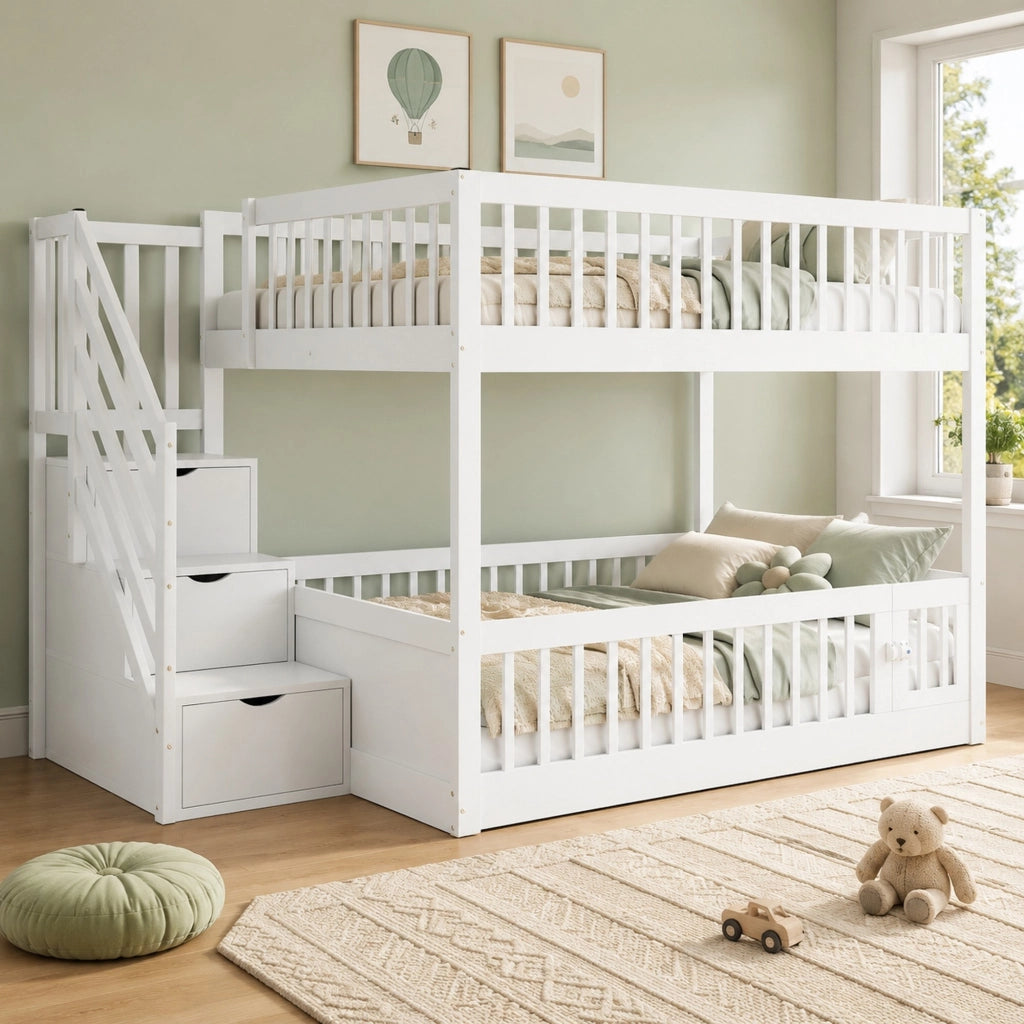 LETTO a castello 140x200 cm in legno bianco con scala e cassetti