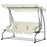 Dondolo Letto da Giardino 3 Posti con Tetto Regolabile e 2 Portabicchieri, 200x120x164 cm, Crema