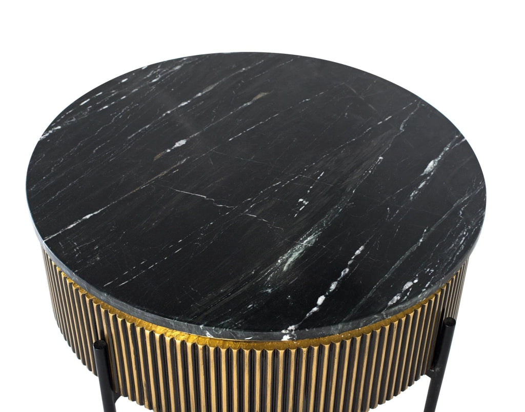 Tavolino in legno rivestito in bronzo e piano in marmo