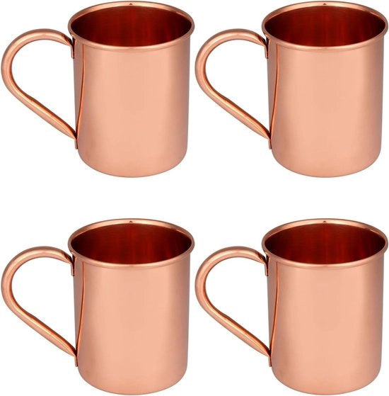 Set di bicchieri in rame – confezione da 4 – bicchiere 100% manuale, sicuro per l'alimentazione, in rame massello con maniglia a tubo – 400 ml bicchiere in vetro di rame di alta qualità