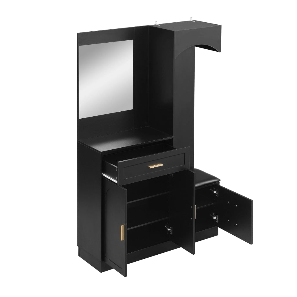 Mobile da Ingresso con Appendiabiti, Scarpiera, Specchio e Panca, Ripiani Regolabili, in MDF nero