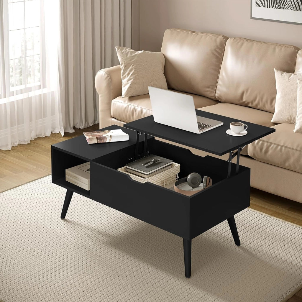 Tavolino da Caffè Sollevabile e Allungabile, Tavolo con Spazio Interno e Scomparto Aperto, Tavolino da Salotto per Soggiorno, 100x50x(43-57) cm, Nero, BTS26sz