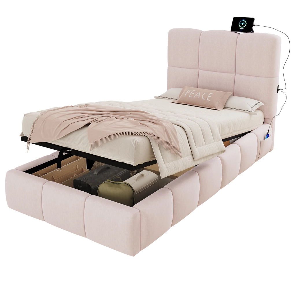 Letto singolo imbottito 90x200 cm con rete a doghe, contenitore idraulico, testiera arrotondata in velluto rosa, USB-C