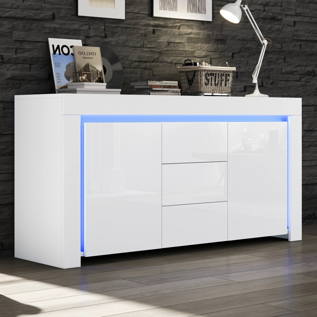 Cassettiera con LED ¨C MINIMAL ¨C Bianco Lucido, 3 Cassetti, 2 Ante, 140x40x65 cm
