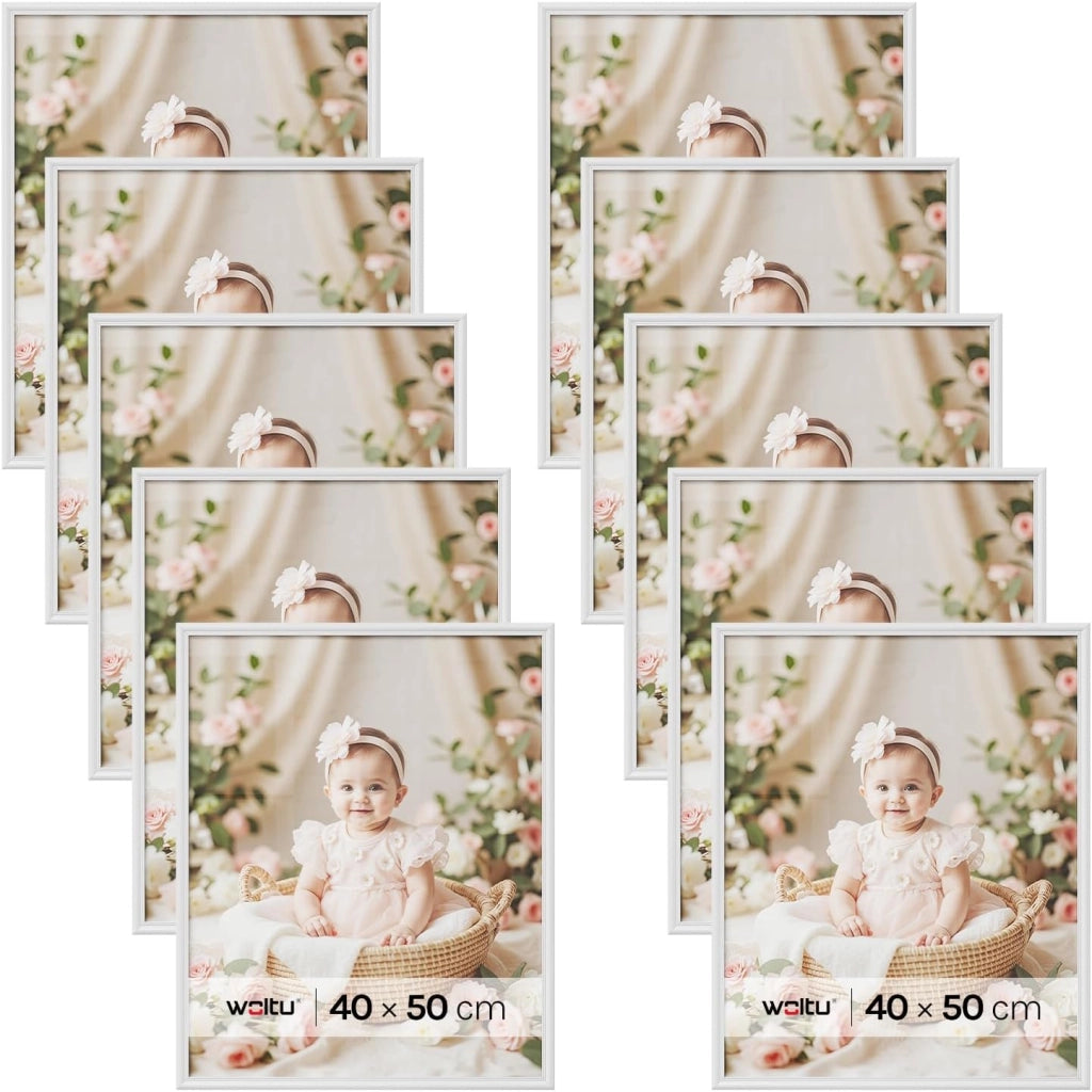 WOLTU Cornice per Foto 40x50 cm Set di 10 Cornice da Parete e Tavolo, Portafoto con Cornice in Legno Massello e Pannello in Plastica, Collage Foto, Bianco