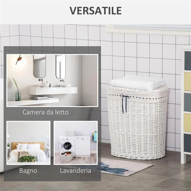 CESTO PORTABIANCHERIA IN VIMINI CON COPERCHIO E SACCO IN TESSUTO  BIANCO