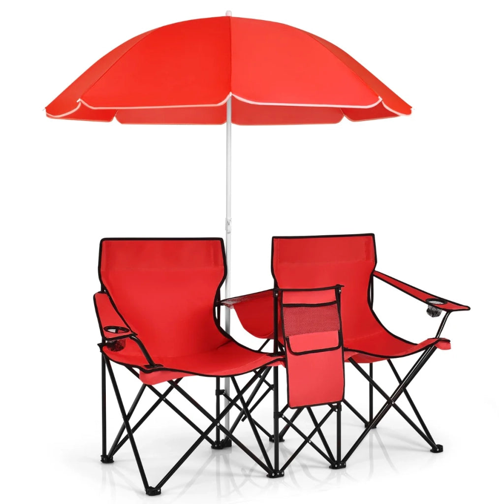 Set di 2 sedie pieghevoli da picnic 152 x 52 x 85 cm con ombrellone rimovibile e portabicchieri in acciaio rosso 20_0020602
