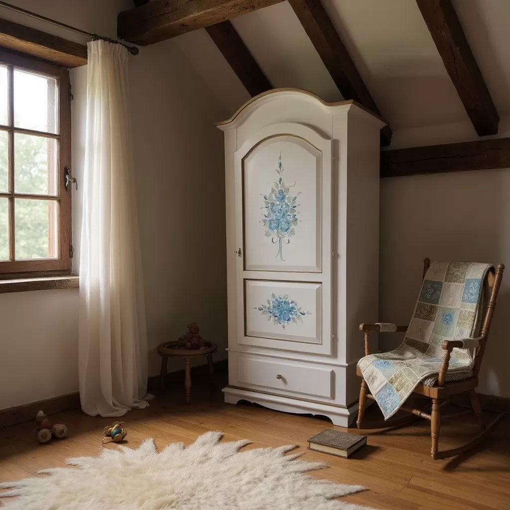 Armadio shabby 1 porta legno bianco anticato decori filo ocra 96x56x196 - Mobili 2G