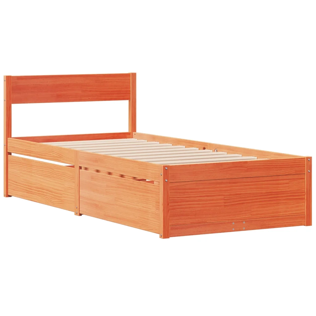 Letto Cassetti e Materasso Marrone Cera 100x200cm Massello Pino 3281906