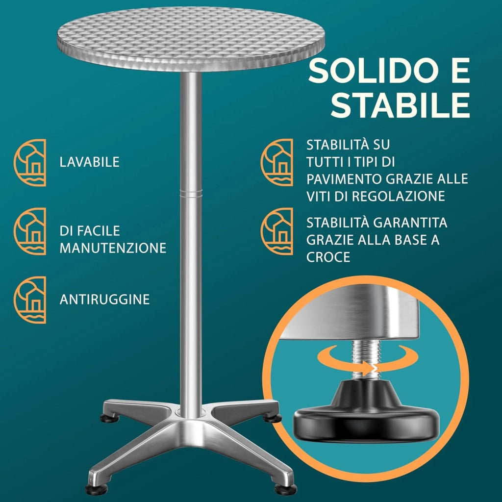 ® Tavolo Alto da Bar 2in1 con Fodera Regolabile in Altezza 70 cm / 115 cm in Alluminio Rotondo Ø60 cm Pieghevole per Esterni Giardino Bistrot Feste Tavoli da Ricevimento