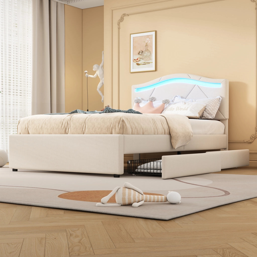 LETTO imbottito 90x200 cm con LED e 2 cassetti, lino beige