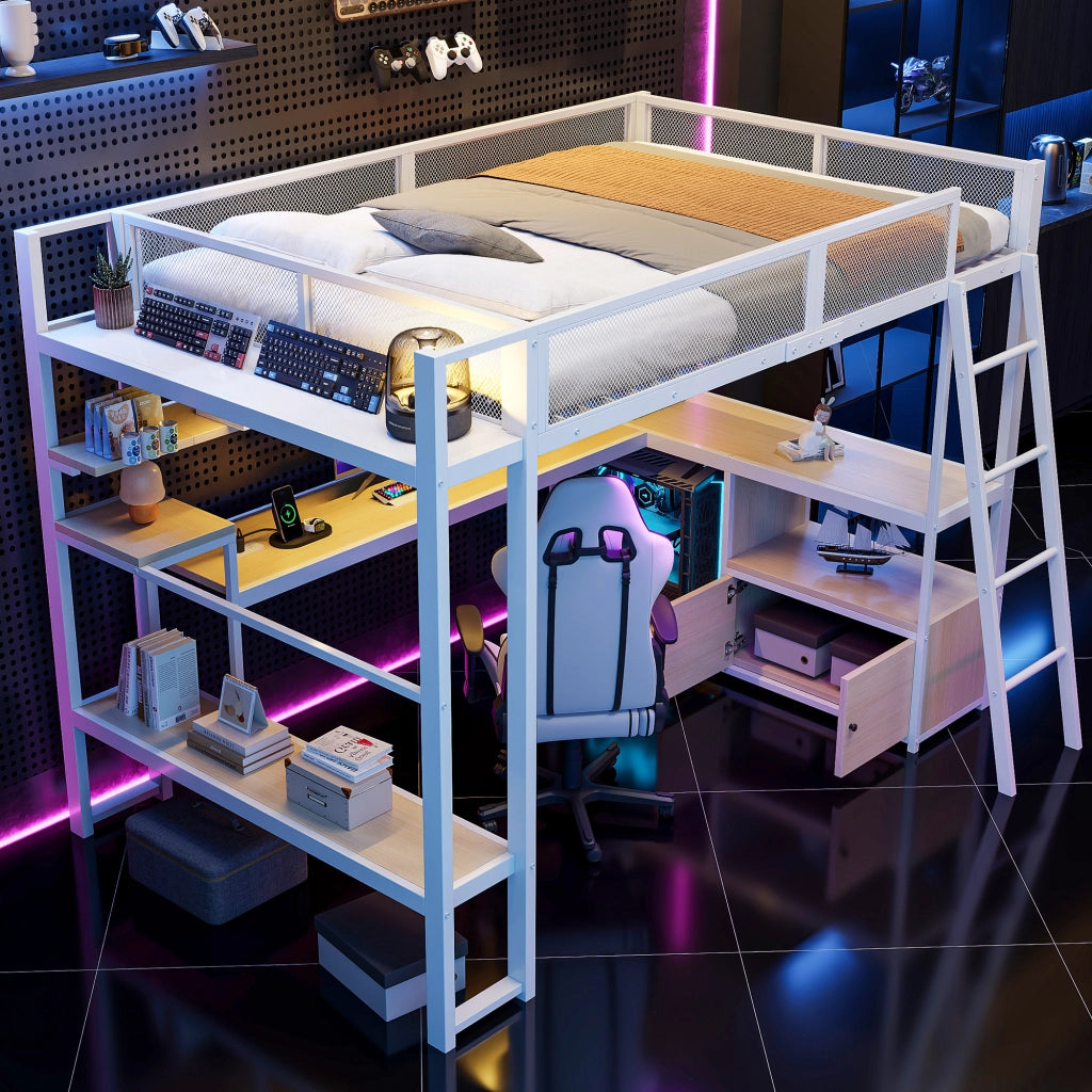LETTO a soppalco gaming 140x200 cm in MDF e metallo bianco con LED