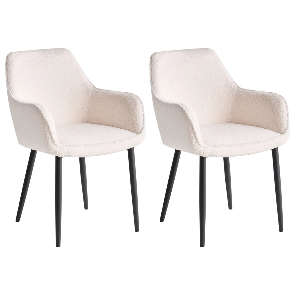 Set di 2 sedie da pranzo in tessuto bouclè bianco braccioli schienale intagliato gambe in metallo moderna industriale
