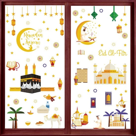 196 pezzi di adesivi per finestre per Ramadan, set di foto per finestre per Eid Mubarak, adesivi per finestre per Eid al-Fitr, decorazione per Ramadan Eid Mubarak, adesivi per finestre islamici, accessori per feste, stella, mezzaluna, adesivi per lampioni