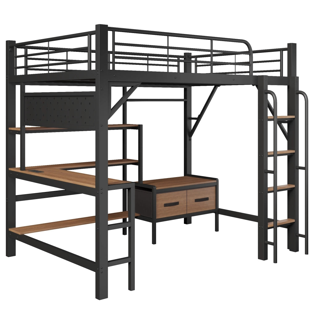 Letto a soppalco 140×200 cm con scrivania; LED; USB; ripiani e cassetti; senza materasso; nero